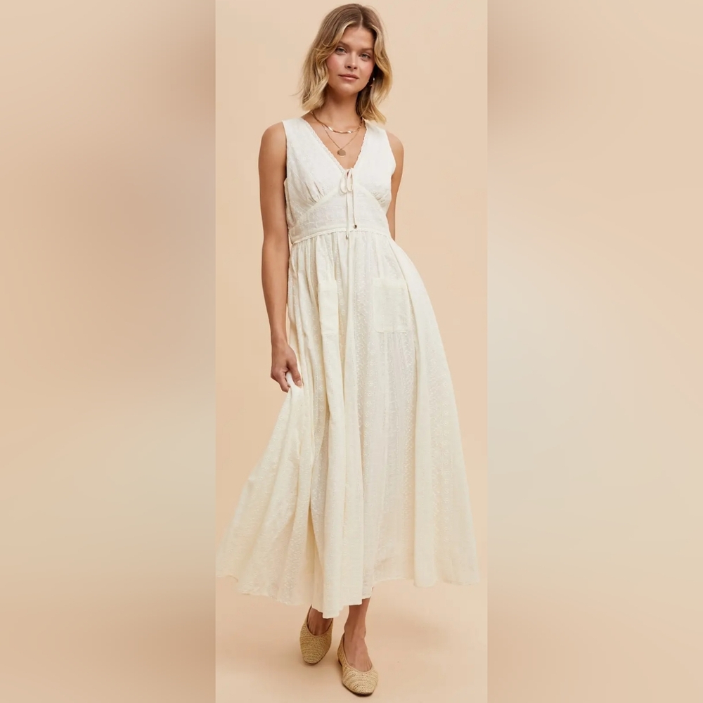 Embroidered Eyelet Lace Dress Cream M Cotton